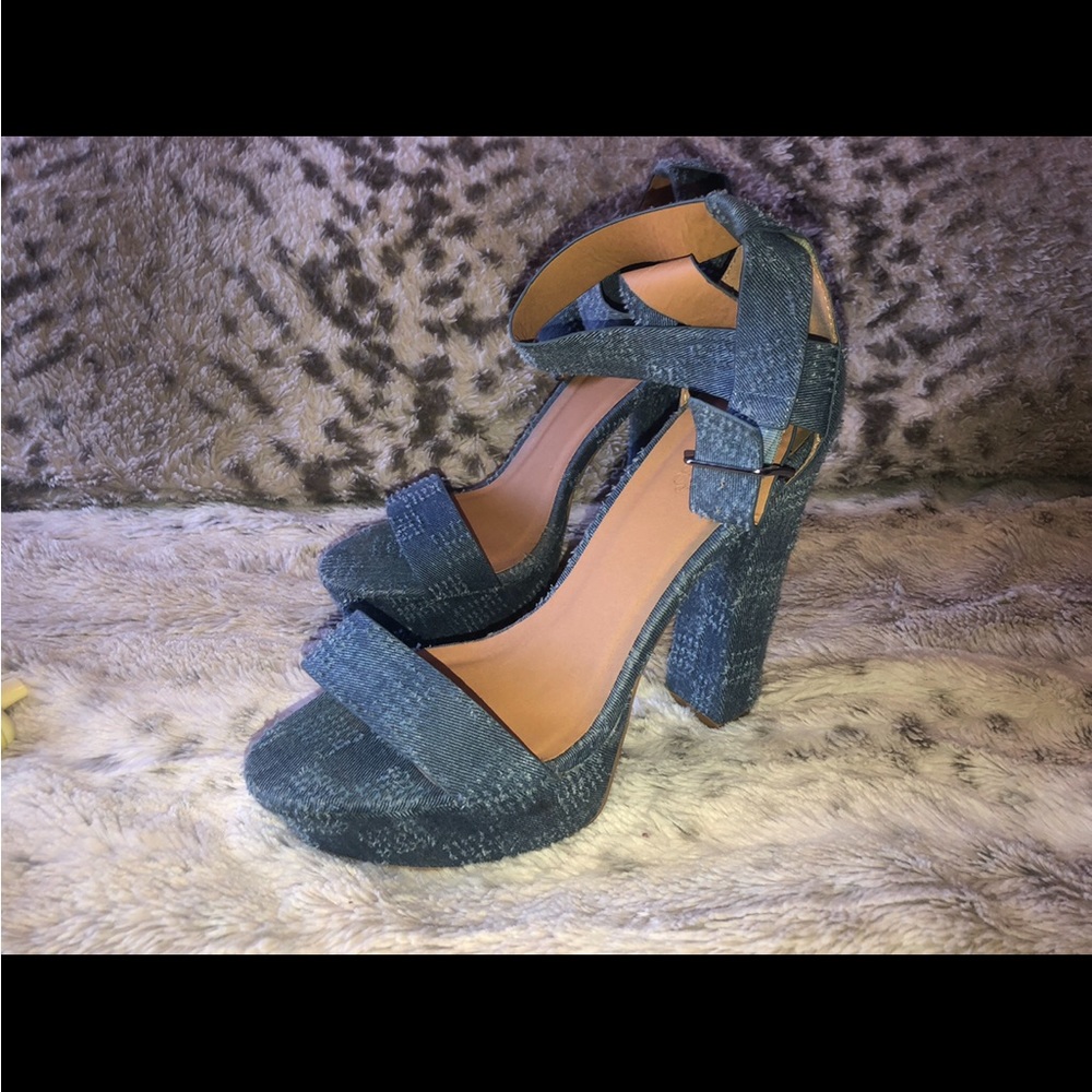 Distressed denim block heel
